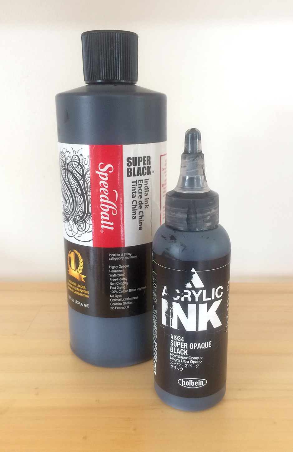 speedball super black and holbein super opaque black acrylic ink