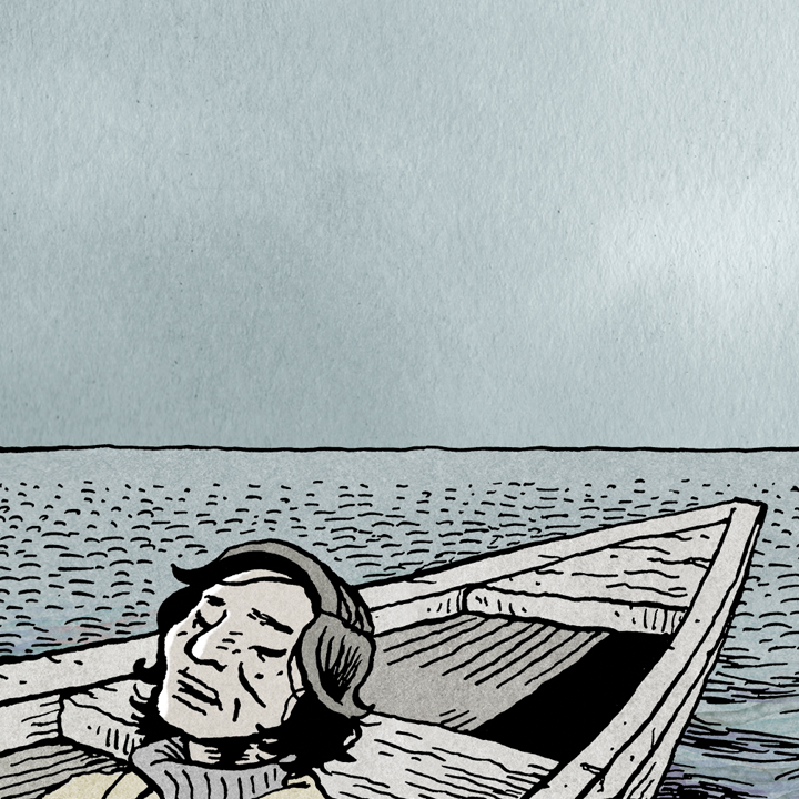 image of woman in boat from panel of page one of The Tower by Nick Mullins