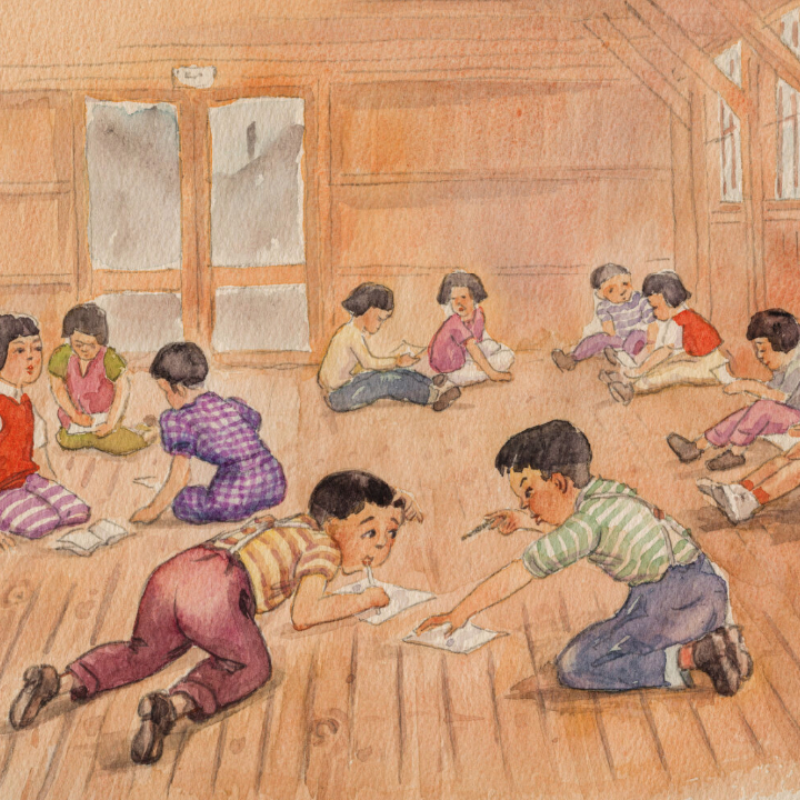 Kanga Takamura watercolor of kids in classroom